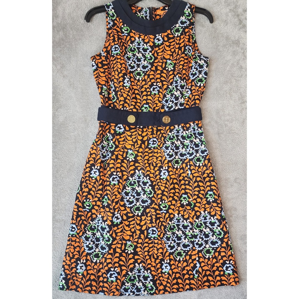 Tory Burch Dress Womens Size 2 Orange Navy Linen Floral‎ Shift Logo Buttons